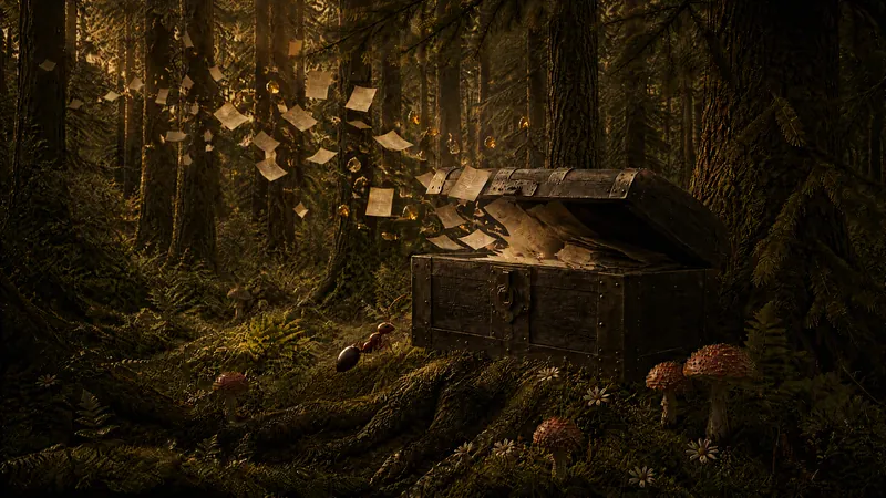 An ant beside an old wooden chest standing open in a dark spruce forest, papers and small golden lights rising out of it.