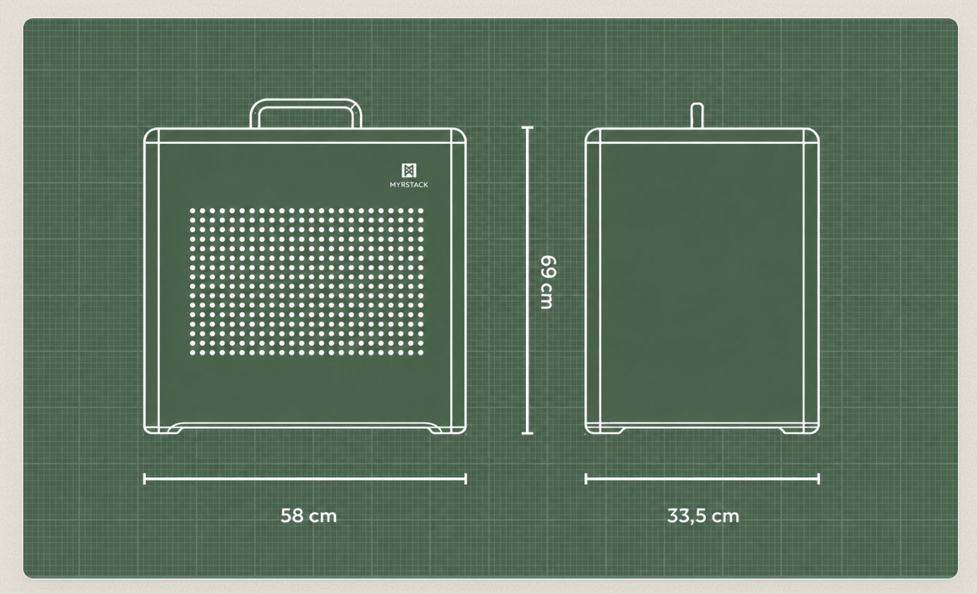 Technical drawing of the Myrstack case with front and side dimensions